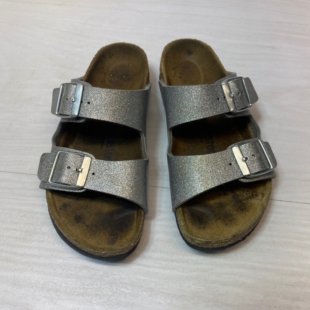 Birkenstock Kids 30 Arizona Sandals Silver Glitter Birko-Flor Double Strap Slide
